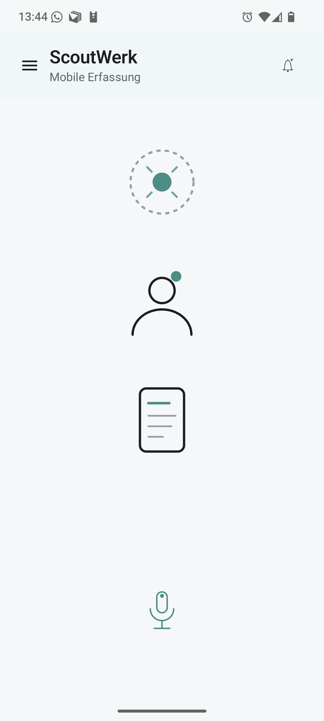 Homescreen der ScoutWerk Android-App mit Schnellzugriff auf Fundstück, Kontakt, Journal und Voice Capture